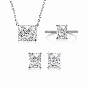 925 Sterling Silver Radiant Cut Rhinestone Jewelry Set For Women Elegant Square Necklace Earrings Ring Wedding Party Jewelry