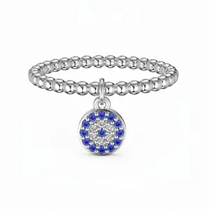 925 Sterling Silver Evil Eye Ring For Women Sparkling Blue White Zirconia Inlaid Round Pendant Beaded Band Fashion Jewelry Gift