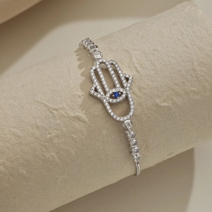 Bracelet ajustable Hamsa Hand en argent 925 avec zircon bleu et oeil maléfique