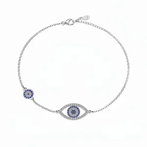 Bracelet Oeil du Diable en Argent Sterling 925 pour Femme Zirconia Bleu et Blanc Incrusté Design Creux Réglable Bijoux de Mode