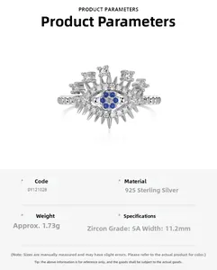 Détail d'une bague œil protecteur en argent S925 avec zircons 5A bleus et blancs