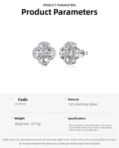 Detailed specs of S925 sterling silver clover earrings with 5A zircons and dimensions