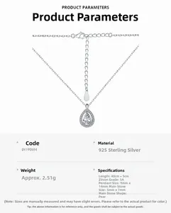 Detailed specs of S925 silver necklace with pear-shaped cubic zirconia and 5cm extension chain