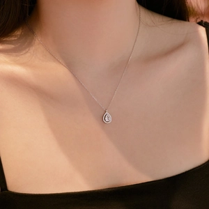 Elegant S925 sterling silver teardrop pendant necklace with sparkling zircon halo on neck