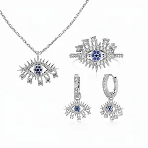 Parure de Bijoux Oeil du Mal en Argent Sterling 925 Collier Boucles d'Oreilles Bague avec Zirconia Bleu pour Femme