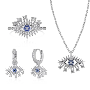 Parure bijoux œil protecteur argent 925 avec collier bague et boucles d'oreilles bleu