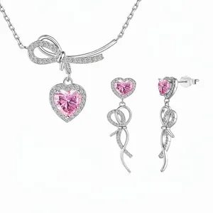 Parure de Bijoux en Argent Sterling 925 Cœur Nœud Zirconia Rose Collier Pendentif Boucles d'Oreilles Bijoux Femme