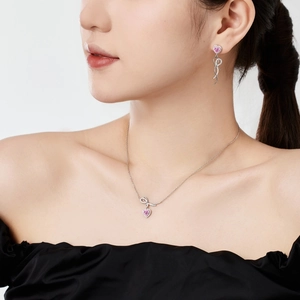 Parure en argent S925 avec pendentifs cœur rose et glands de ruban élégants