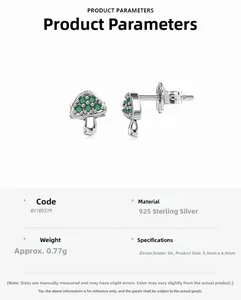 Detailed specs for 925 sterling silver mushroom earrings with 5A green zircon inlay