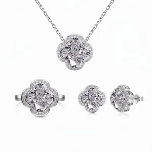 925 Sterling Silver Clover Jewelry Set Zirconia Inlaid Necklace Earrings Ring For Women Elegant Wedding Party Jewelry