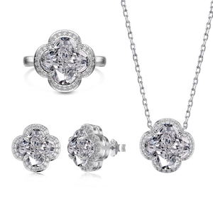 Sparkling S925 sterling silver four-leaf clover jewelry set with necklace, earrings and ring