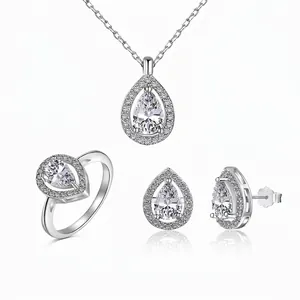 925 Sterling Silver Waterdrop Halo Jewelry Set For Women Zirconia Inlaid Teardrop Necklace Earring Stud Ring Wedding Gift