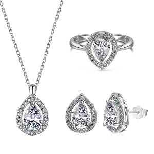 Elegant S925 sterling silver jewelry set with pear-cut zircon necklace earrings and ring