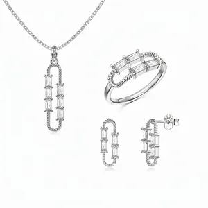 Bijoux en Argent Sterling 925 Zirconia Baguette Collier Boucles d'Oreilles Bague pour Femme Design Moderne Trombone Bijoux Ajourés