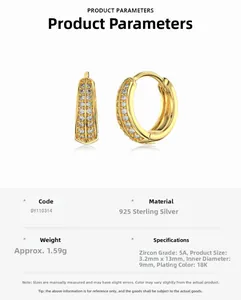 Detailed specs of S925 silver hoop earrings with 5A cubic zirconia and 18K gold plating