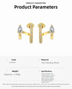 Detail of S925 silver gold-plated earrings with 5A pear-cut zircon and exact dimensions
