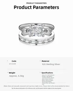 Spécifications de la bague double en argent S925 avec zircon rectangulaire taille glace