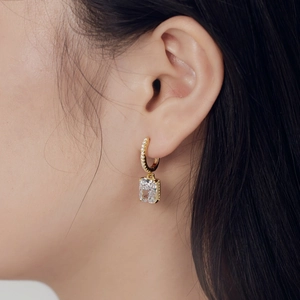 Elegant 18K gold S925 silver earrings with large emerald-cut zircon and pave diamonds