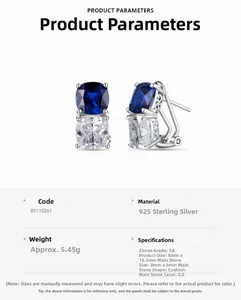 Macro view of S925 sterling silver hoop earrings with blue and clear 5A cubic zirconia