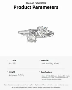 Detail view of S925 sterling silver ring with 5A pear and round cut zircon stones