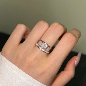 Bague double couche en argent S925 avec grand diamant carré taille glace pour femmes