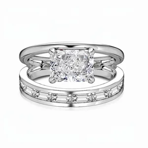Bague Luxueuse en Argent Sterling 925 à Double Couche avec Zirconia Carré pour Femmes Taille Fleur de Glace Bijoux de Mariage