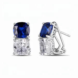 French Luxury 925 Sterling Silver Blue White Zirconia Earrings Double Stone Inlaid Stud Earrings For Women Wedding Party Jewelry