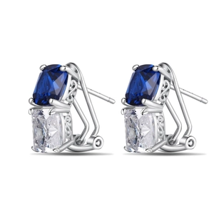 S925 sterling silver stud earrings with blue and white cushion-cut zircon stones