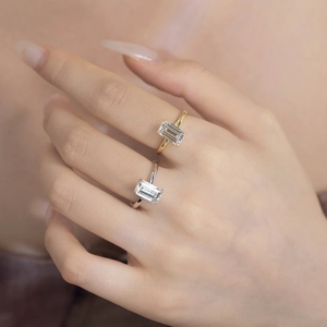 S925 sterling silver ring with emerald cut zircon stone shown on hand in gold and silver