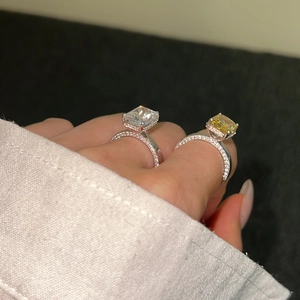 Macro detail of S925 silver rings with radiant cut ice flower zircon stones