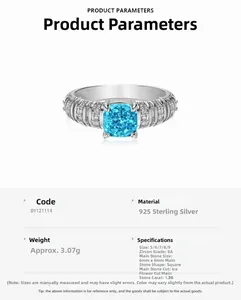 Detail view of S925 silver ring featuring ice-flower cut blue zircon with side diamonds