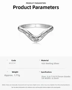 Detailed parameter chart showing a V-shaped S925 sterling silver ring with 5A zircons