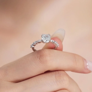 Macro shot of S925 sterling silver ring with cushion cut zircon and marquise stones