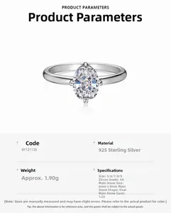 Detailed spec sheet for S925 sterling silver ring with 6x8mm oval 1.25ct cubic zirconia