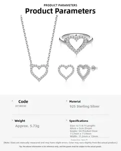 Macro shot of 925 sterling silver heart jewelry set with 5A grade zircon stones