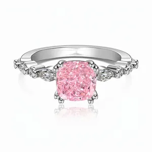 Luxury 925 Sterling Silver Cushion Cut Zirconia Ring Elegant Pink White Sparkling Gemstone Finger Jewelry For Women Wedding Engagement