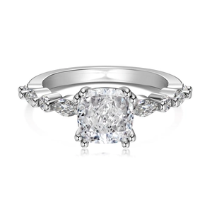 French style S925 silver ring featuring cushion cut zircon and marquise stones