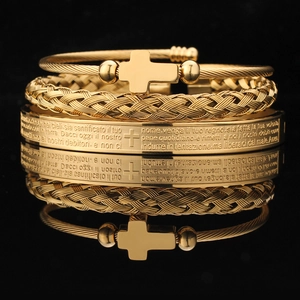 Men's 3PCS Stainless Steel Bracelet Set Cross Pendant Lord's Prayer Scripture Braided Twisted Open Bangle Personalized Religious Jewelry