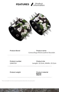 Vue détaillée du bracelet en cuir punk camouflage avec clous en alliage et dimensions