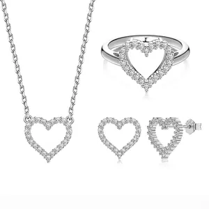 925 Sterling Silver Heart Jewelry Set For Women Hollow Heart Zirconia Pendant Necklace Open Ring Stud Earrings Fashion Jewelry