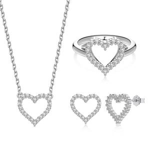 S925 sterling silver jewelry set featuring hollow heart pendants with zircon pave stones