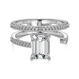 Zweilagiger S925 Sterlingsilber Ring mit Smaragdschliff Edelstein und Pavé-Diamanten
