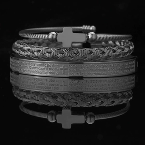 Three-piece men's black stainless steel bracelet set with cross and scripture engraving