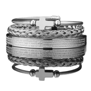 Men's stainless steel twisted cable cross bracelet and Lord's Prayer engraved bangle set