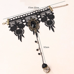 Gothic black lace ring bracelet set with vintage oval black gemstone and floral lace pattern