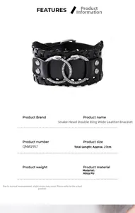 Detail view of leather bracelet with double snake head rings and 27cm length info