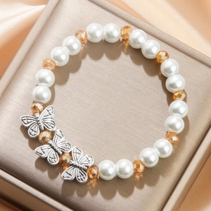 Beaded Bracelet With Butterfly Charms Imitation Artificial Pearl And Faceted Glass Beads Elastic Elegant Sweet Style Women Jewelry Gift