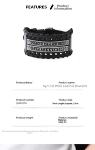 Macro view of vintage black leather bracelet featuring Nordic runes and metal buckle