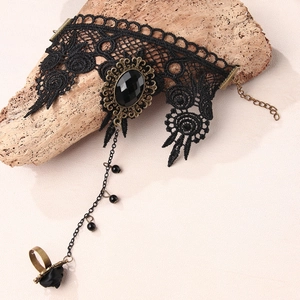 Gothic Black Lace Bracelet With Ring Vintage Flower Bronze Alloy Artificial Gemstone Hand Chain Women Party Jewelry