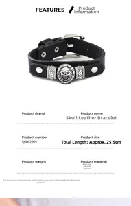 Detail view of black leather skull bracelet with adjustable buckle and size specs